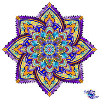 Colorful symmetrical mandala with layered floral patterns on a white background