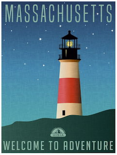 Vintage Massachusetts travel poster with a red-and-white lighthouse under a starry blue sky
