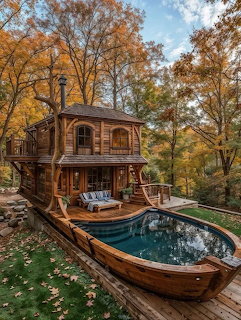Rustic wooden treehouse cabin with deck and boat-shaped pool surrounded by fall foliage