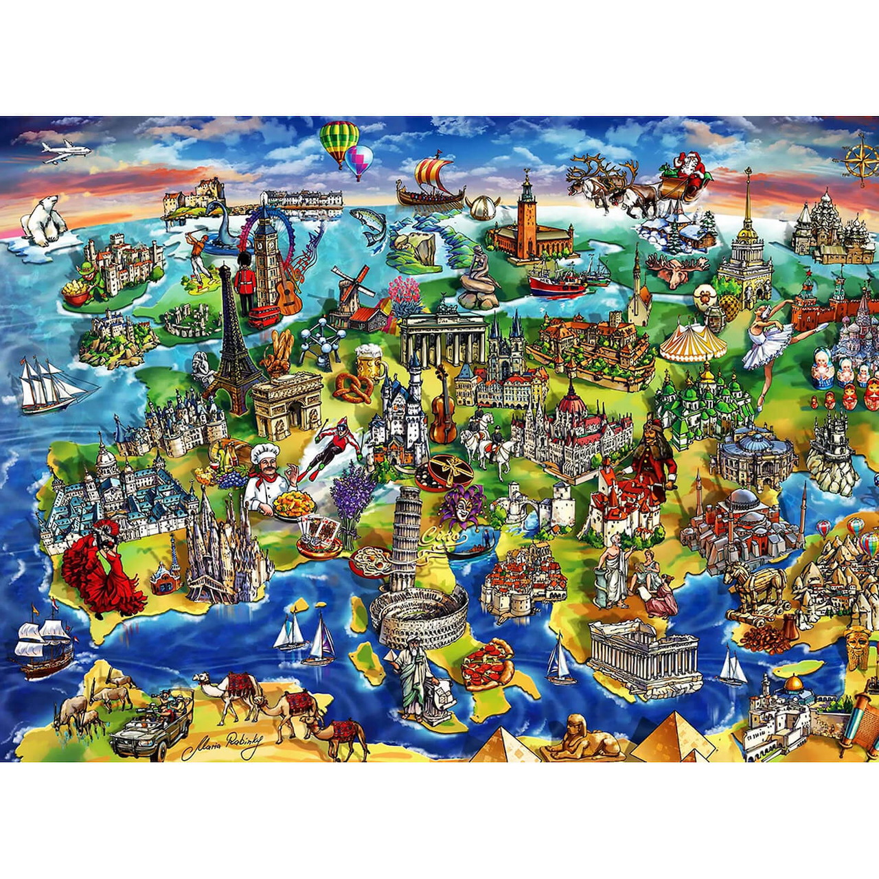 Colorful illustrated world map with famous landmarks and monuments from different countries