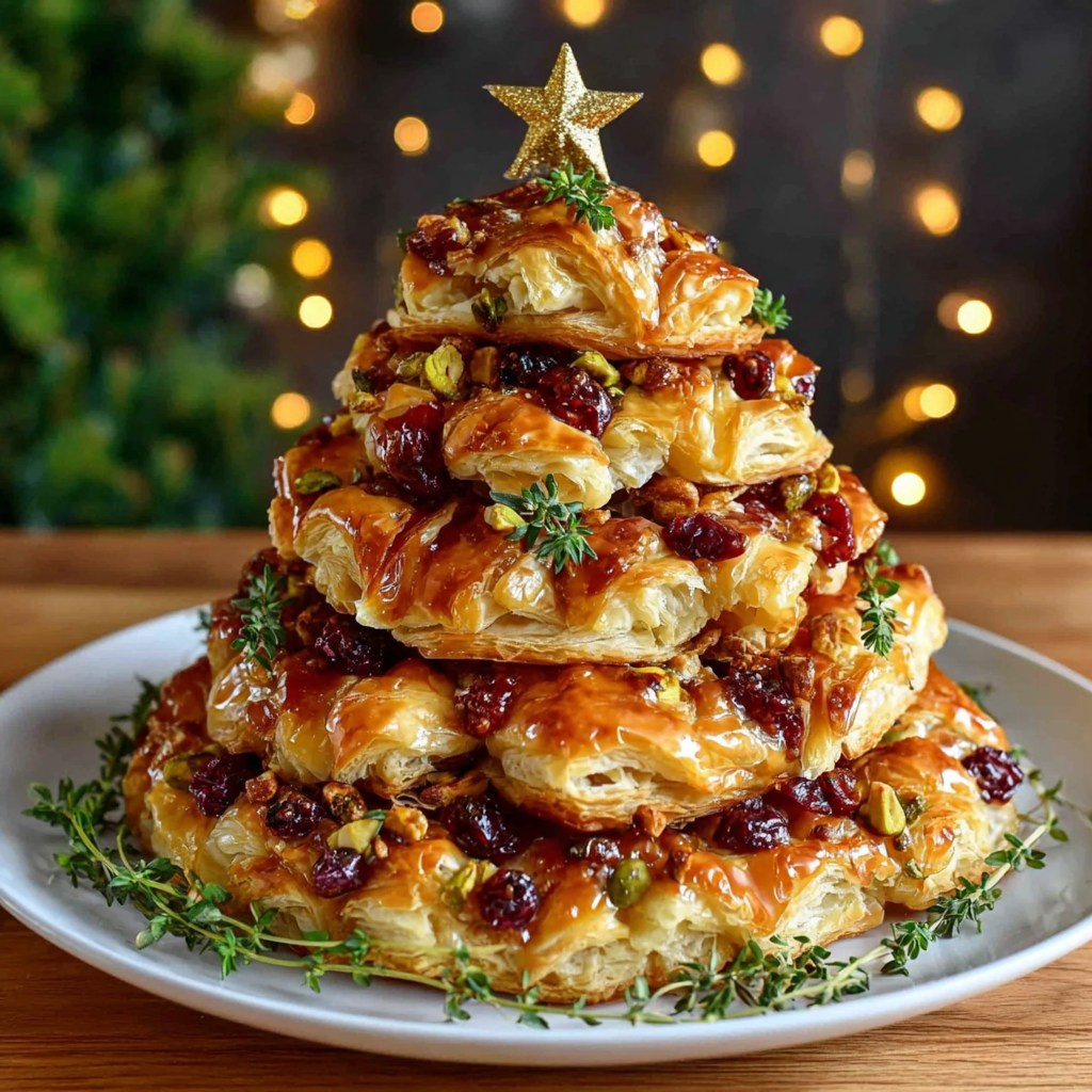 Layered puff pastry dessert shaped like a Christmas tree with golden glaze and star topper on white plate
