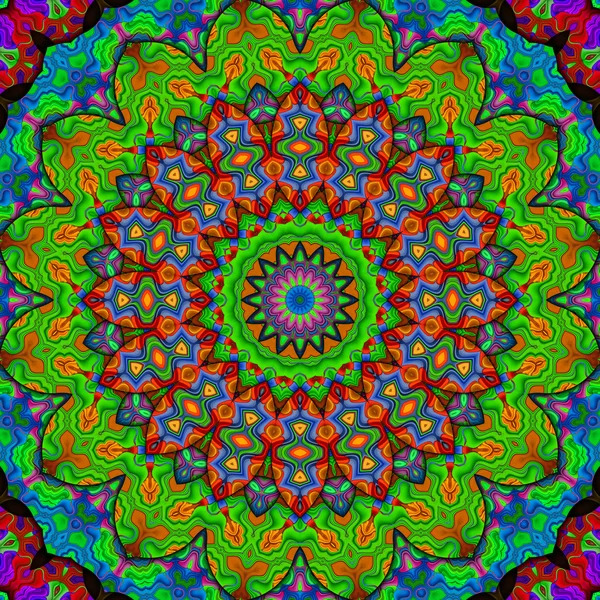 Colorful symmetrical mandala with intricate geometric patterns in neon pink, green, blue, and orange radiating from center