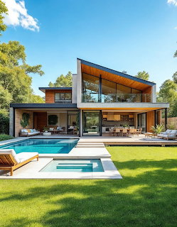 Modern two-story house with glass walls, swimming pool, green lawn, and outdoor furniture