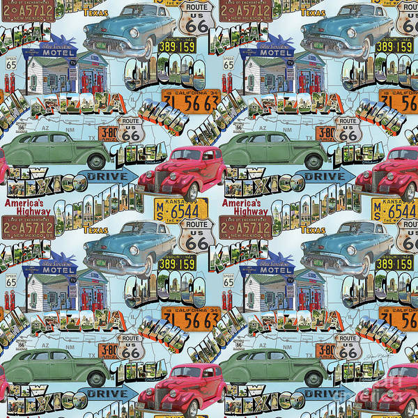 Vintage Route 66 collage with classic cars, signs, motel art, and Americana travel graphics