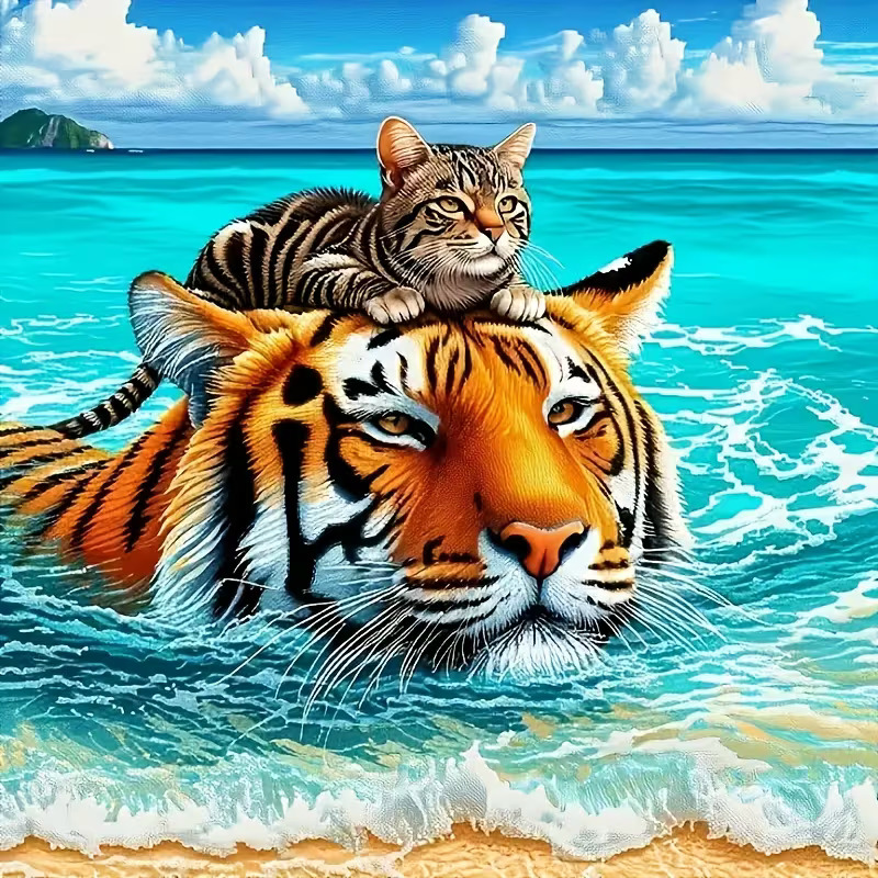 Tabby cat perched on tiger's head swimming in bright blue tropical ocean
