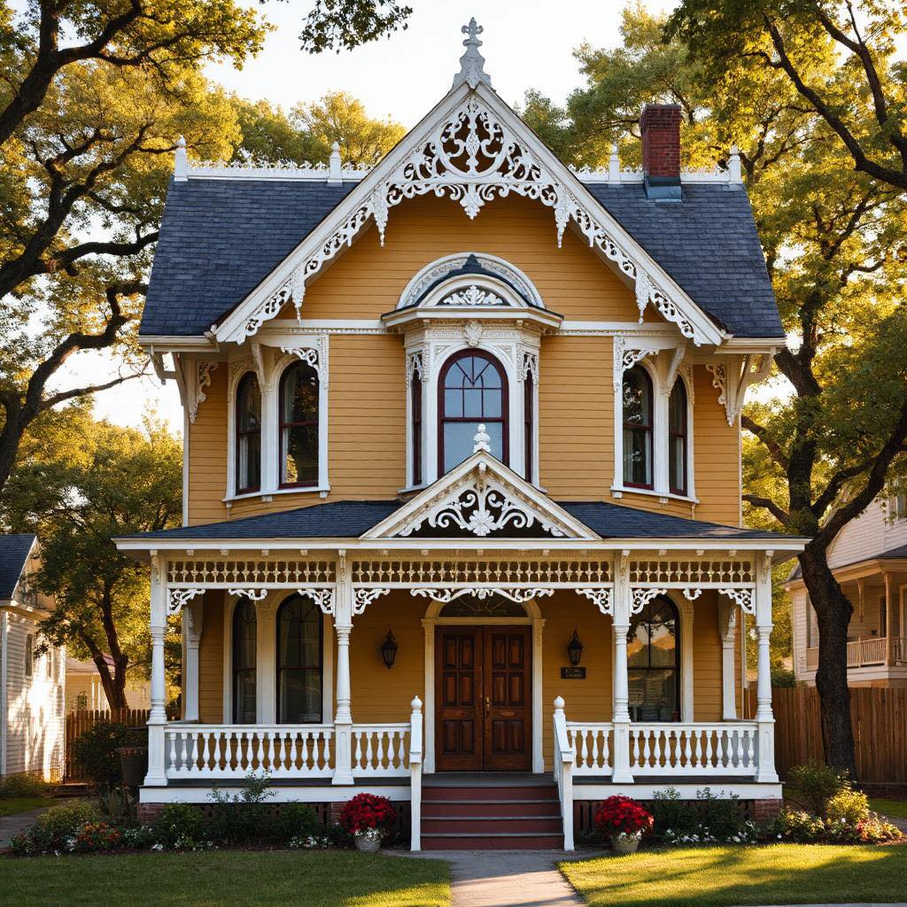 Yellow Victorian house with decorative white trim and front porch surrounded by fall foliage