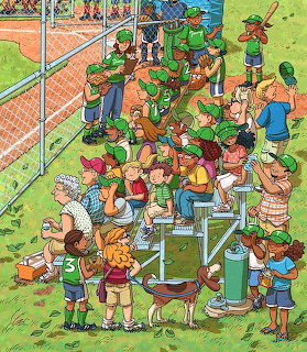 Illustration of children and adults on bleachers watching a baseball game behind a fence