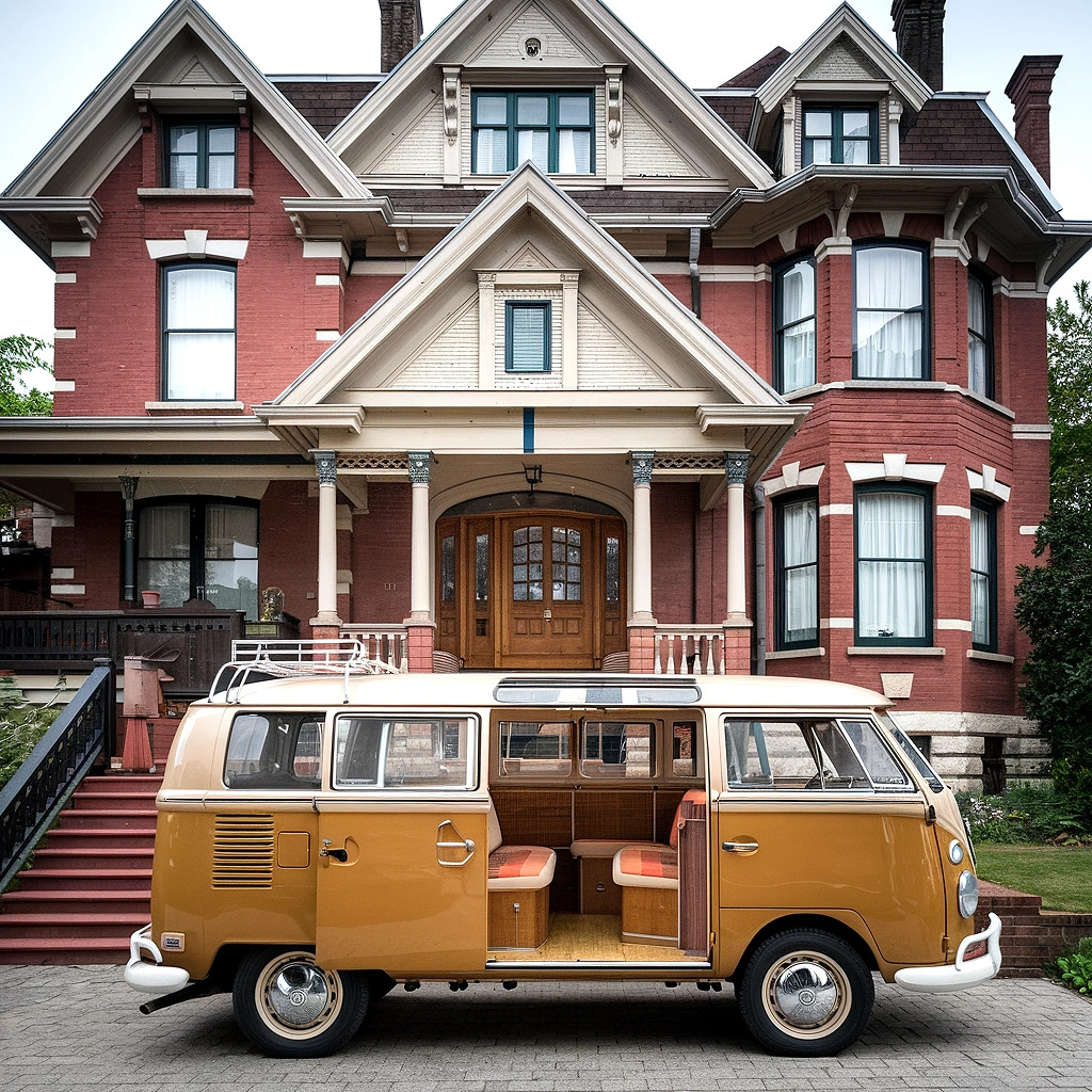 Orange and cream VW bus parked before a red brick Victorian house with white columned porch