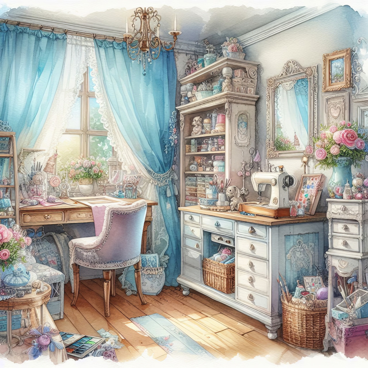 Watercolor illustration of a shabby chic craft room with blue curtains, vintage desk, and a cat