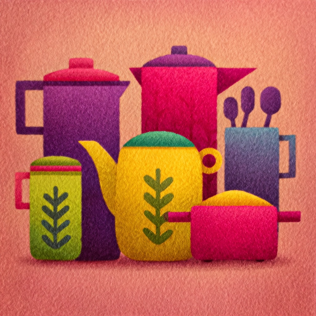 Colorful illustrated teapots and kitchen utensils with leaf designs on coral background