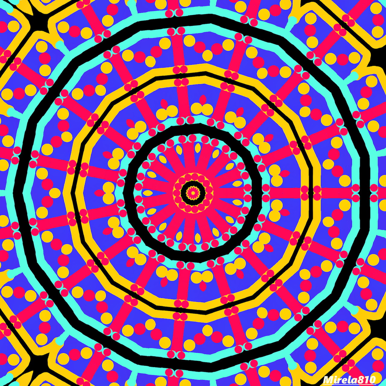 Colorful geometric mandala with concentric circles, dots, and ornate patterns in red, blue, yellow, and pink