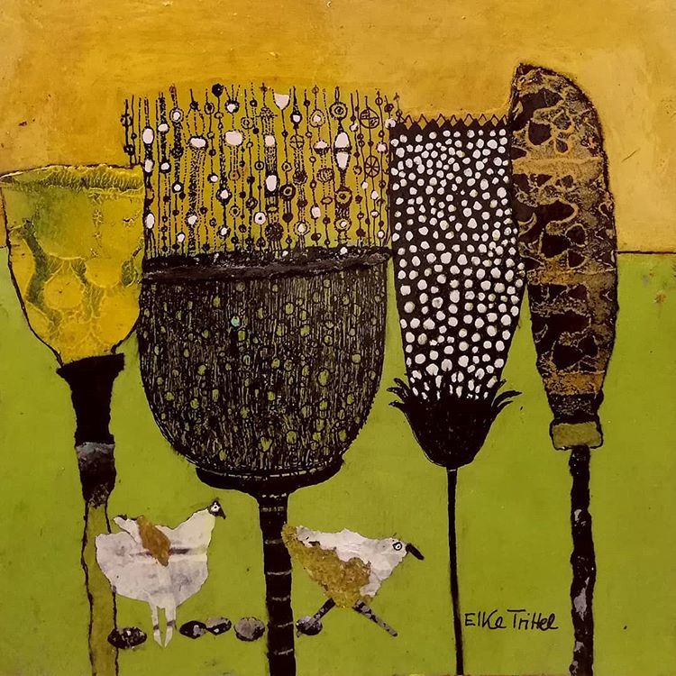 Still life painting with patterned vases and two white chickens on a yellow and green background