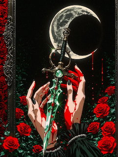Pale hands hold ornate turquoise dagger under crescent moon with red roses and silver decorative frame on black background