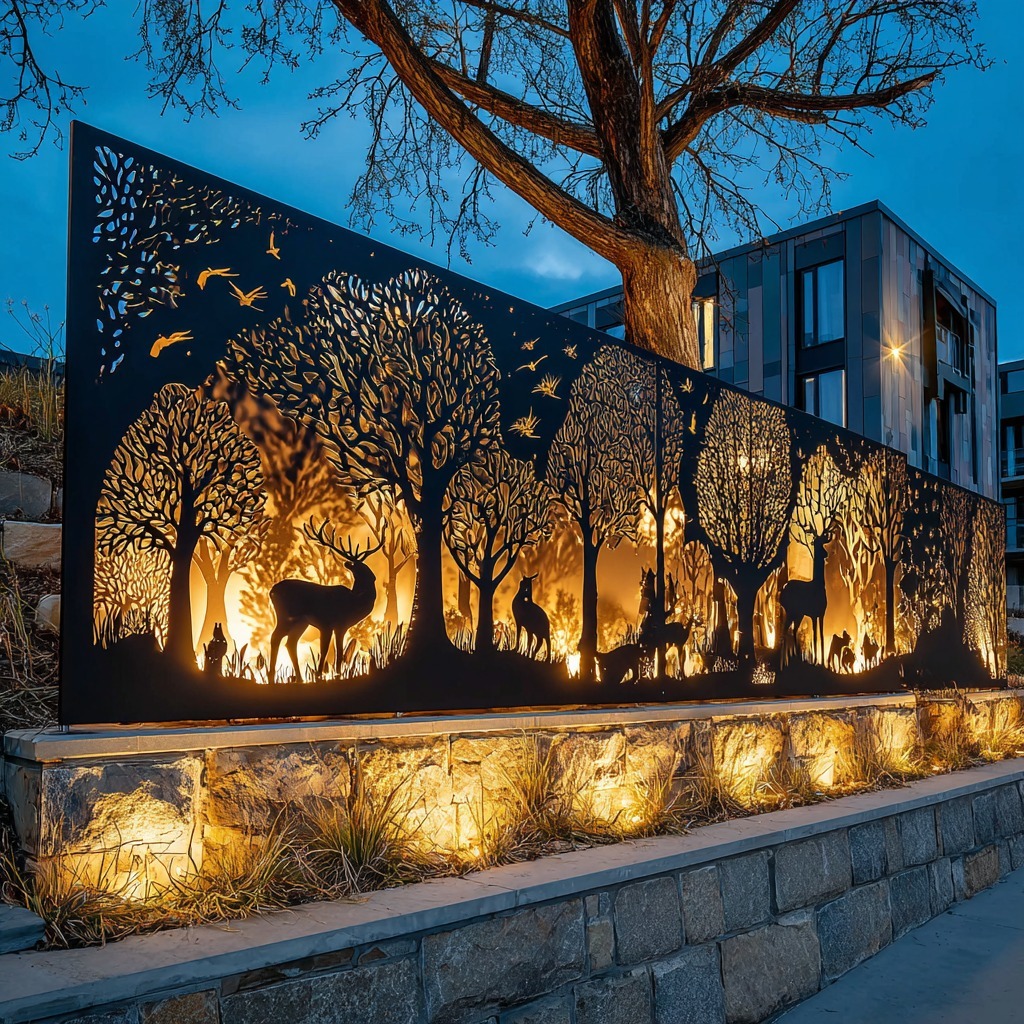Backlit metal panel with intricate tree cutout design glowing at twilight in modern landscaped courtyard
