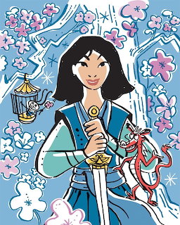Mulan in blue warrior outfit holding sword with small red dragon Mushu and cherry blossoms