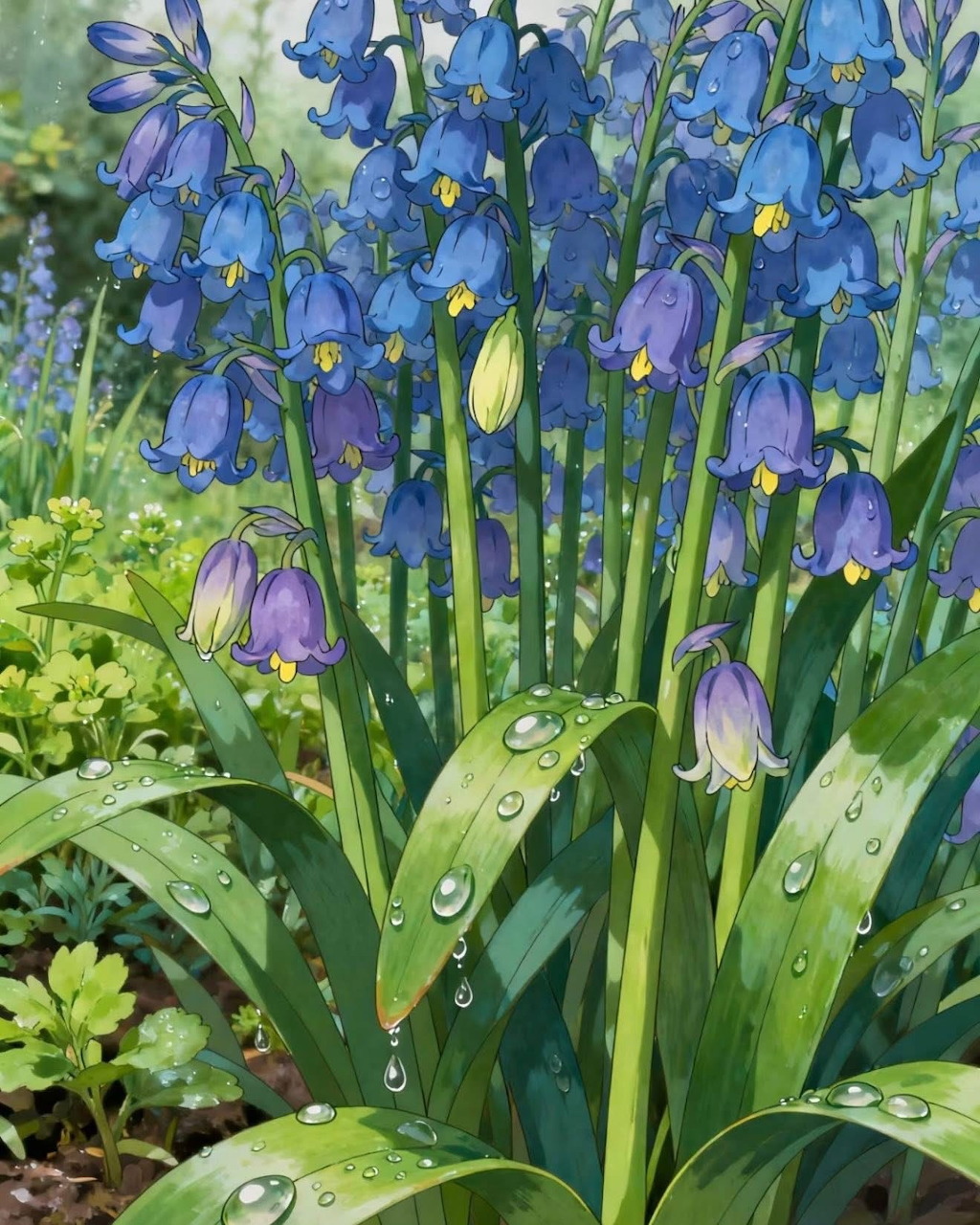 Blue bluebell flowers with green leaves and water droplets in garden