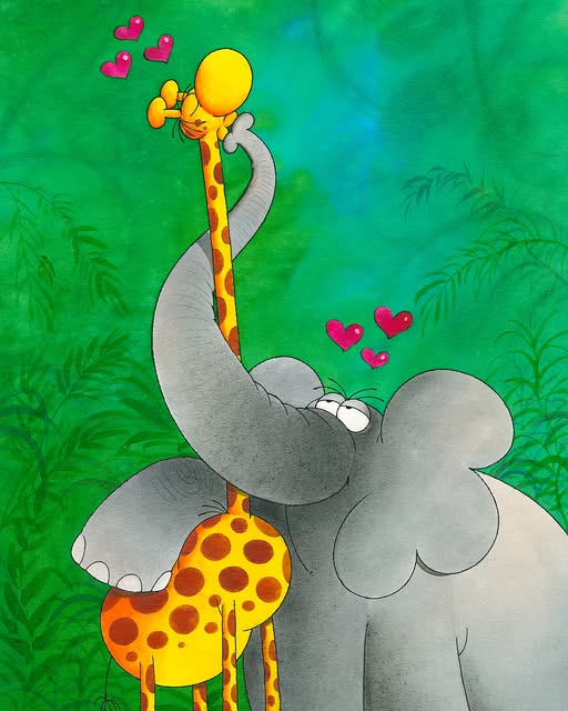 Cartoon giraffe hugging a gray elephant in a green jungle with pink hearts.