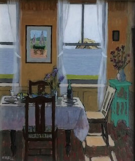 Painting of a dining room interior with table, chairs, flowers, and ocean view through windows
