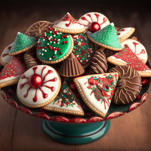 Assorted decorated Christmas cookies withicing and sprinkles on a green cake stand