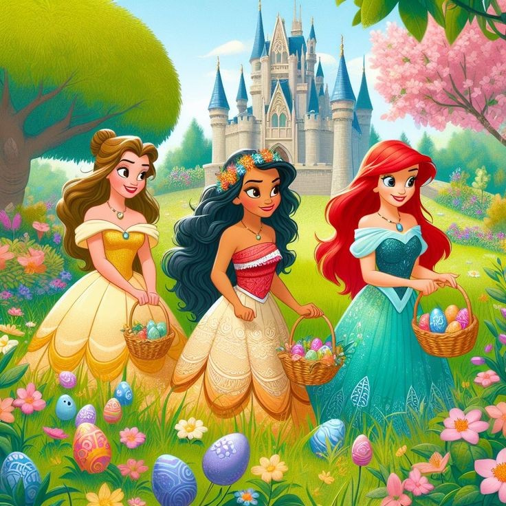 Three Disney princesses holding Easter baskets in a colorful spring garden with a castle in the background