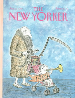 Illustration of a bundled figure pushing a stroller with a baby blowing a horn under a blue sky.