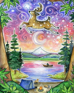 Fantasy illustration of a deer in the night sky above a lake with mountains, trees, a tent, and campfire