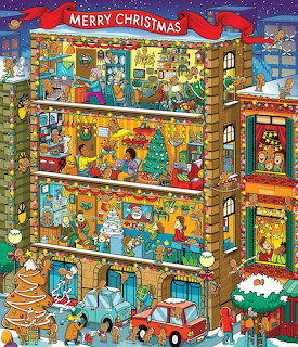 Cutaway view of Christmas apartment building with families celebrating in decorated rooms across multiple floors