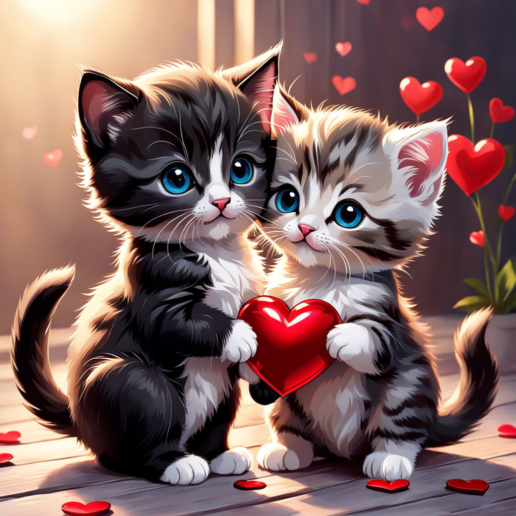 Two cute kittens holding a red heart together with floating hearts in background