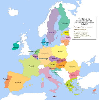 Color-coded map of Europe with country names labeled in Spanish