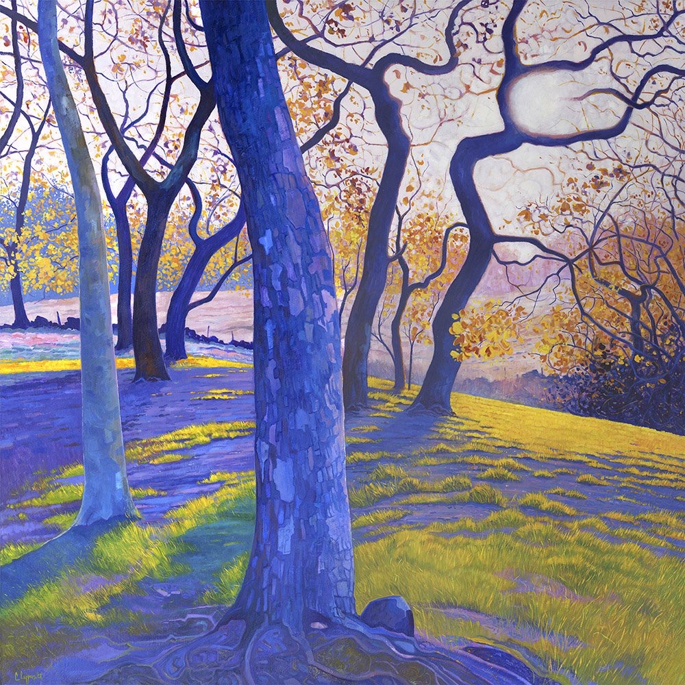 Colorful painting of trees with blue trunks and purple shadows on yellow grass in dappled sunlight