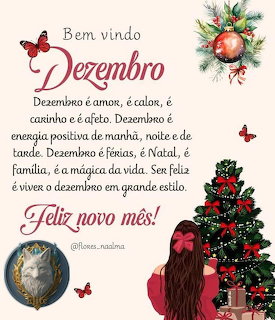 Portuguese December greeting card with Christmas tree, woman in red dress, holly, butterflies and festive text.