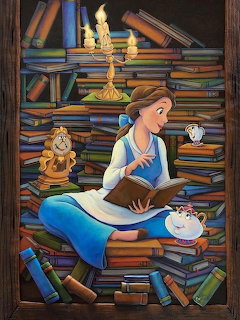 Painting of Disney Belle reading a book surrounded by stacks of colorful books with enchanted castle characters