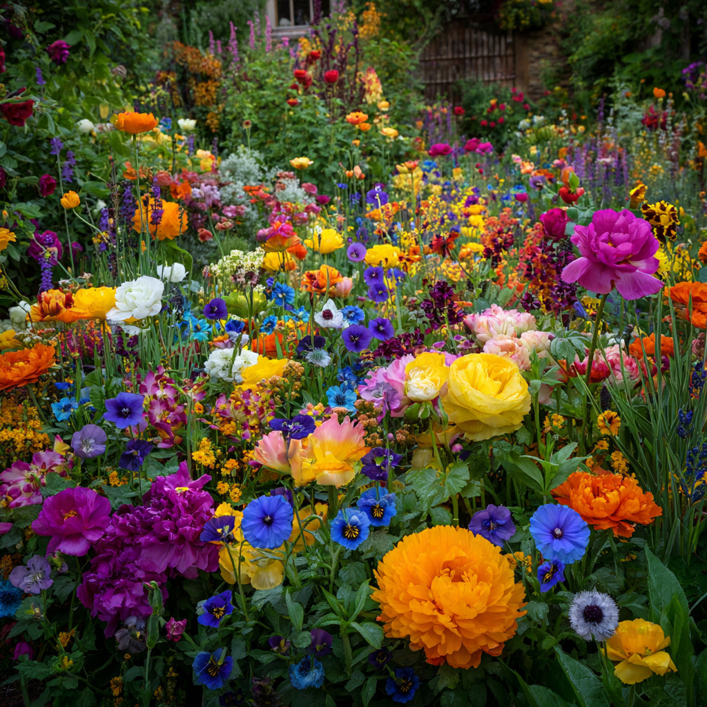 Dense colorful wildflower garden with orange, purple, yellow, and pink blooms