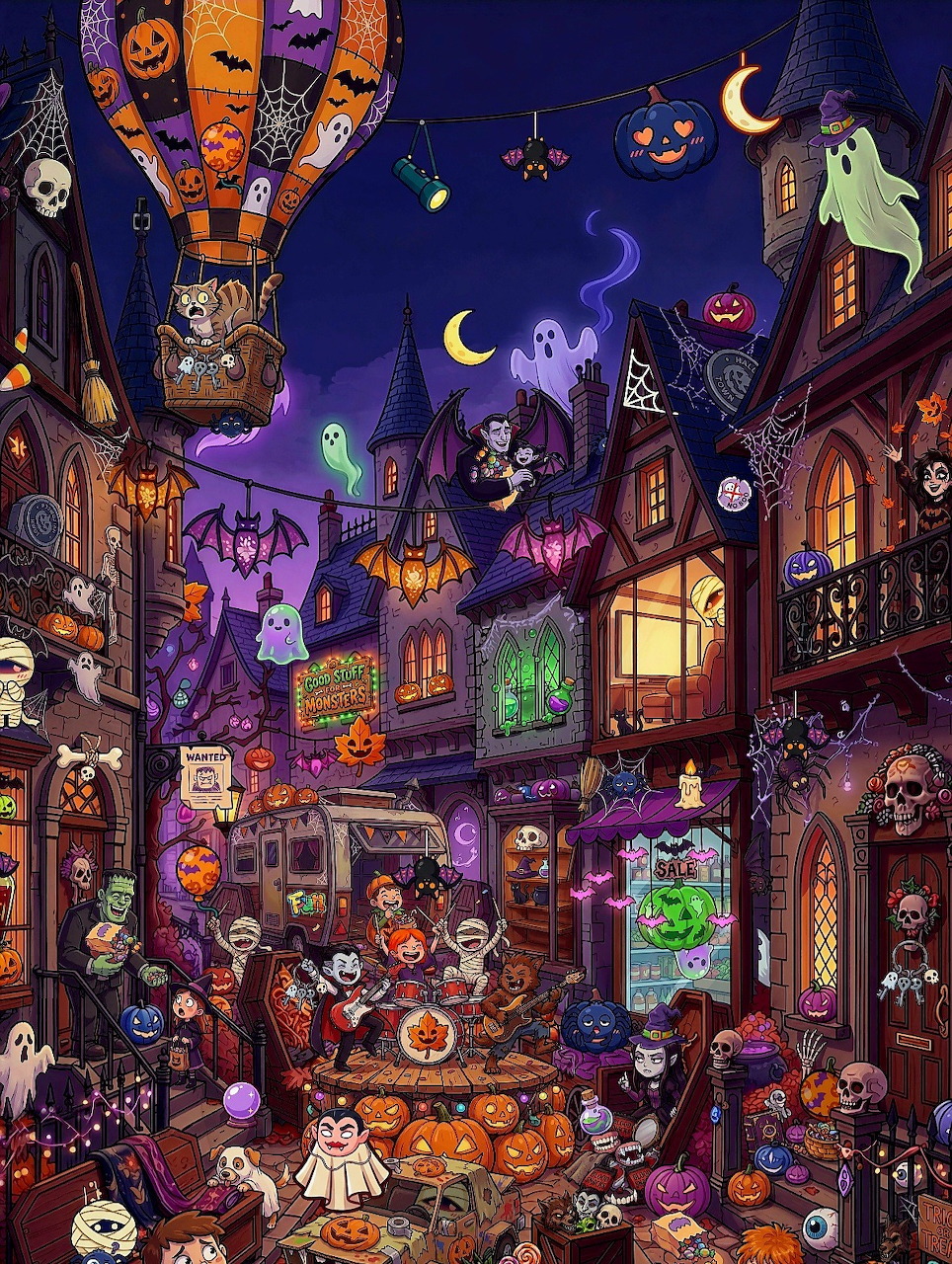 Whimsical cartoon Halloween night with characters in costumes, jack-o-lanterns, and spooky buildings