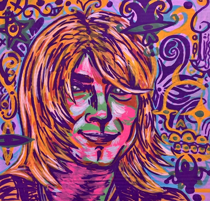 Colorful portrait of person with blonde hair in orange, purple, and pink against swirling decorative background