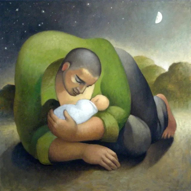 Stylized painting of a woman lying curled around a sleeping baby at night