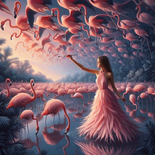 Woman in pink dress surrounded by flamingos under surreal pink and blue sky