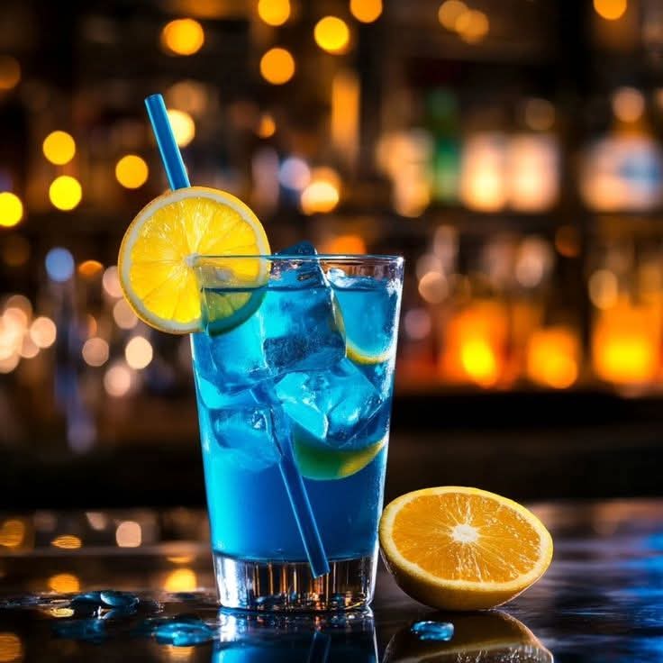Blue cocktail with ice, lemon slices, and a halved orange on a bar counter