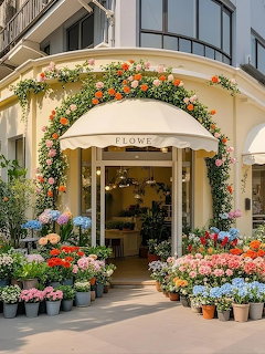 Flower shop entrance with a floral arch and many potted flowers on display