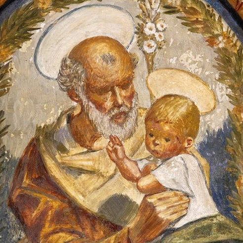 Religious painting of Saint Joseph holding the Infant Christ with halos, wheat and flowers in background