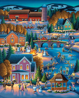 Folk art winter village scene with ice skaters, snowmen, sleighs, and Christmas lights at night