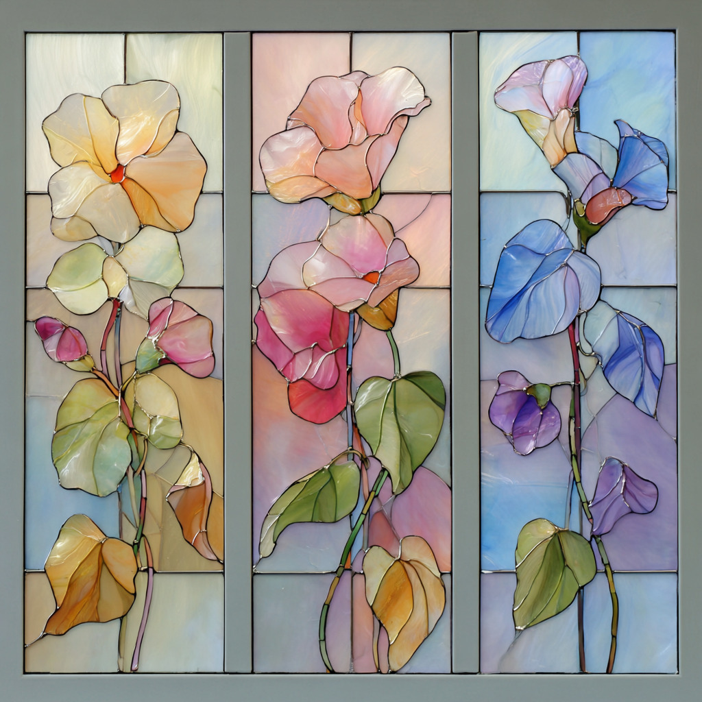 Stained glass art depicting three floral panels with pastel-colored translucent flowers and leaves