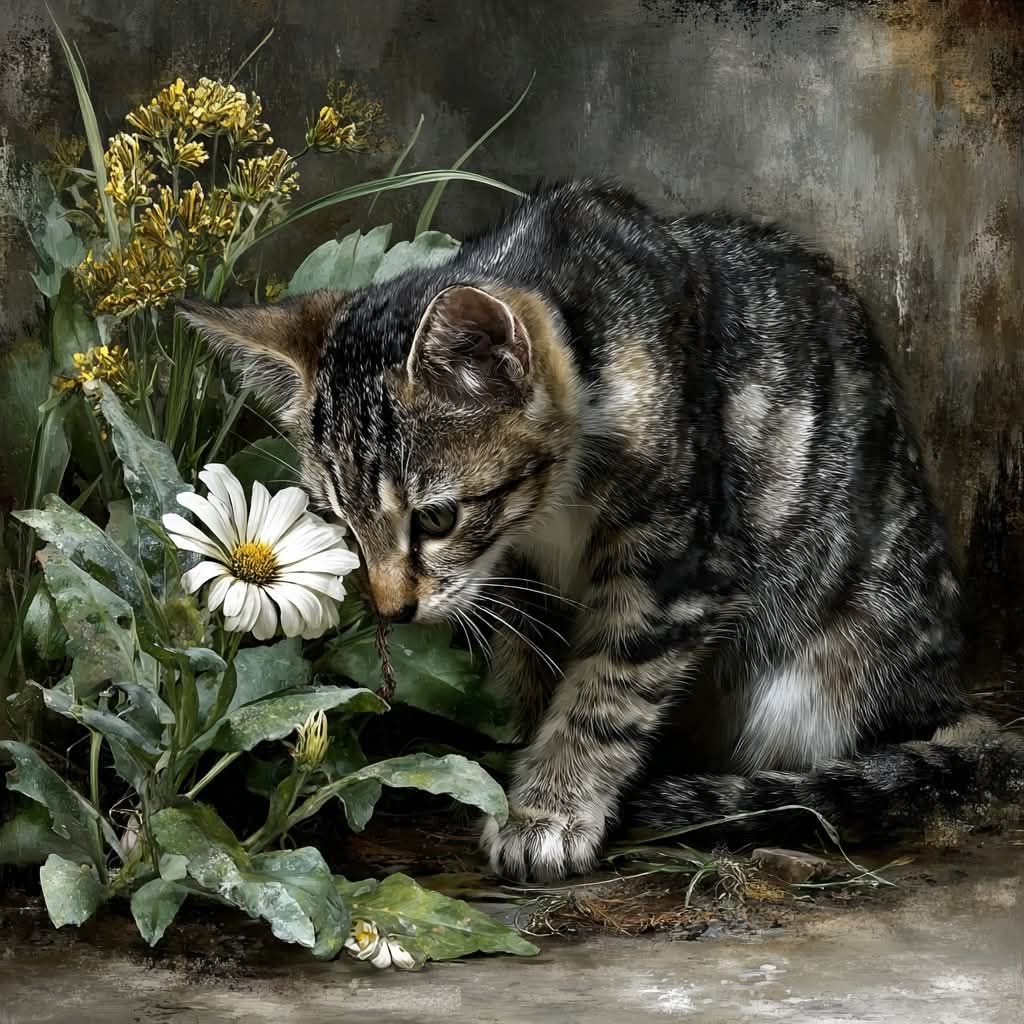 Tabby kitten beside a white daisy and leafy plants