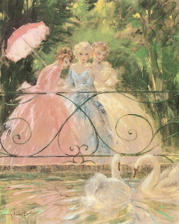 Painting of three women in pink and blue gowns watching white swans from a bridge in a park