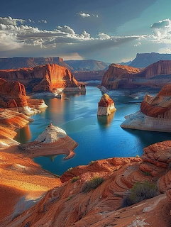 Lake Powell with blue water and red sandstone canyon cliffs under a partly cloudy sky