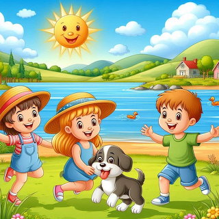 Children Playing by Lake