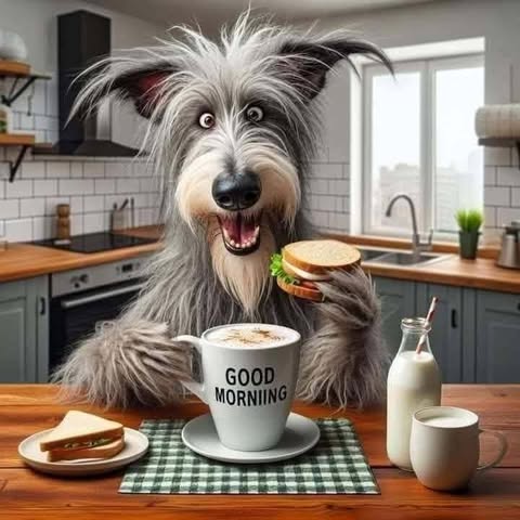 Gray shaggy dog at breakfast table with coffee and sandwich in kitchen