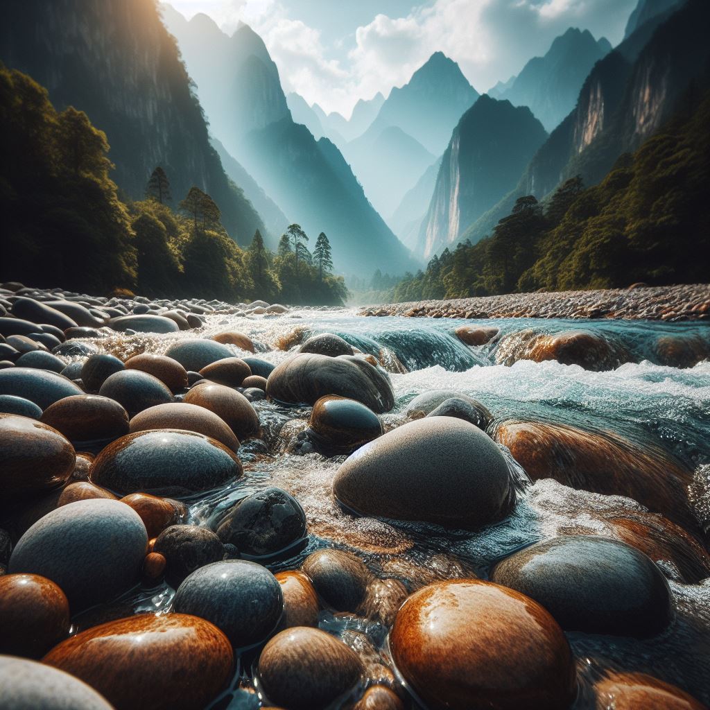Mountain stream flowing over smooth pebbles in a misty valley with cliffs and distant peaks