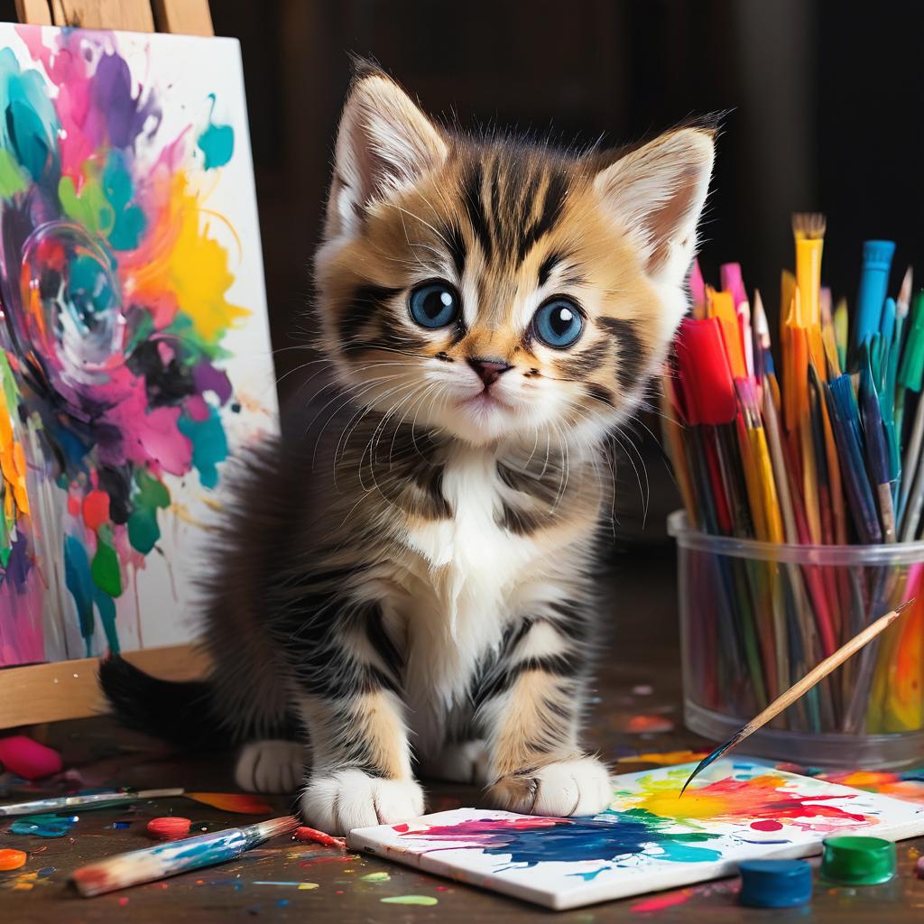 Tabby kitten with blue eyes sitting at art table with paints and brushes