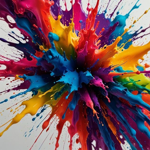 Abstract colorful paint explosion radiating from center with vivid splashes of red, blue, yellow, green, and purple